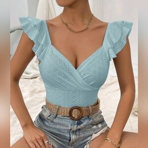 Women's Sweetheart Neckline Short Flutter Sleeve T-Shirt Bodysuit Size Medium